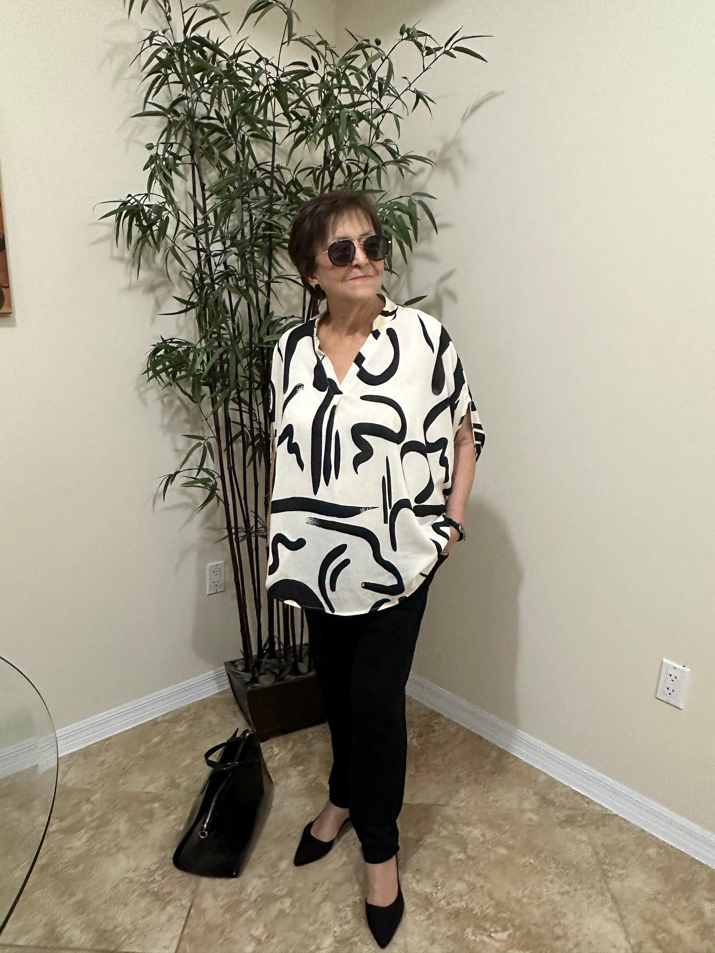 Perfee Printed Notched Half Sleeve Blouse