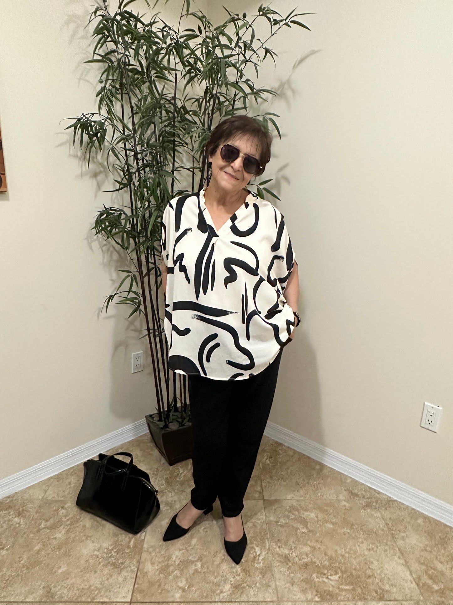 Perfee Printed Notched Half Sleeve Blouse
