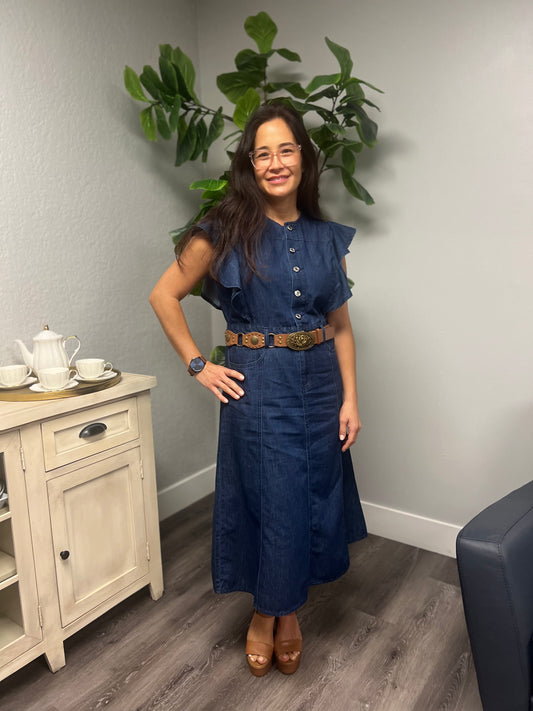 Button-Front Ruffle Sleeve Denim Midi Dress