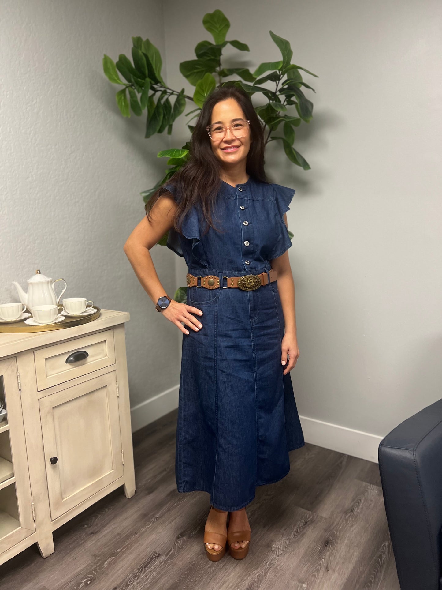 Button-Front Ruffle Sleeve Denim Midi Dress